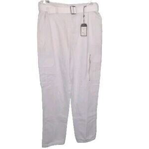 NWT Trust Womens White Cargo Pant 32 X32 Belt Drawstring Hem Coastal Streetwear